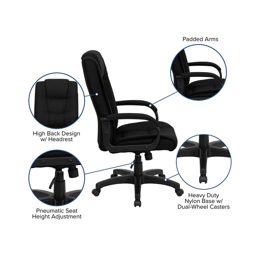 High Back Black Fabric Executive Swivel Office Chair with Arms