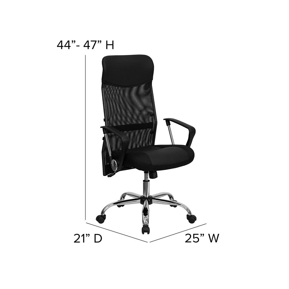 High Back Black Leather and Mesh Swivel Task Office Chair with Arms