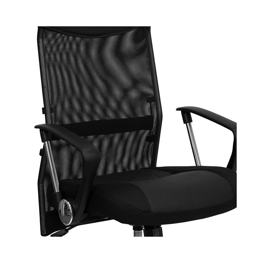 High Back Black Leather and Mesh Swivel Task Office Chair with Arms