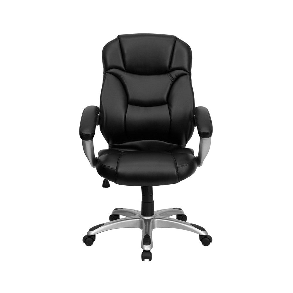 High Back Black LeatherSoft Contemporary Executive Swivel Ergonomic Office Chair with Silver Nylon Base and Arms