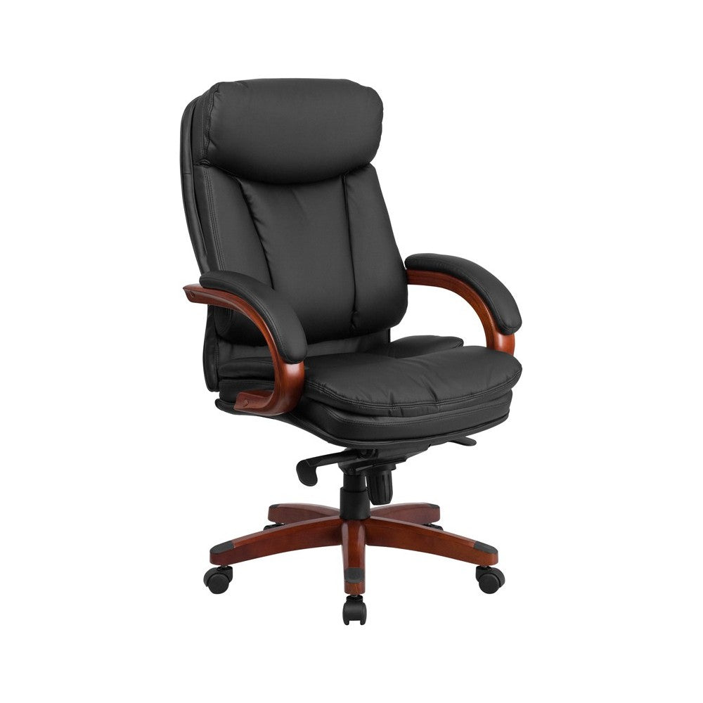 High Back Black LeatherSoft Executive Ergonomic Office Chair with Synchro-Tilt Mechanism, Mahogany Wood Base and Arms