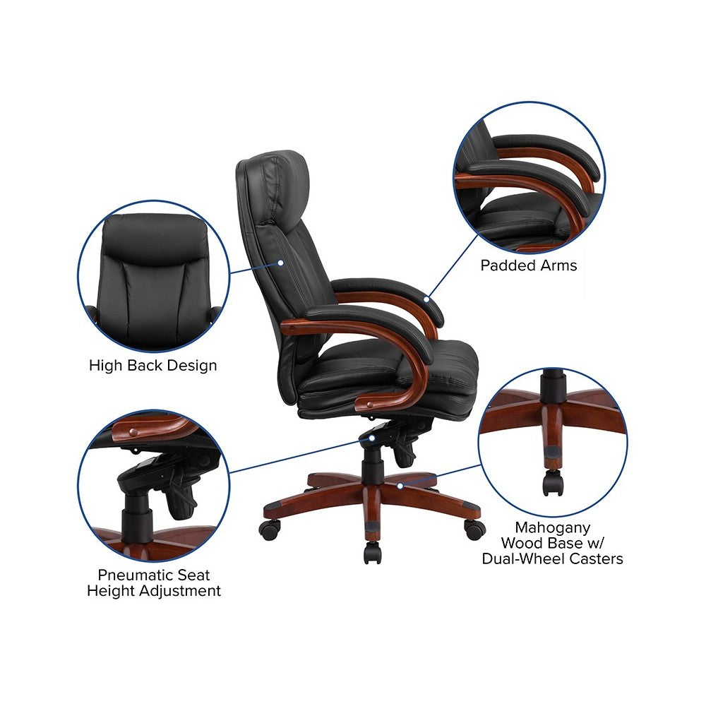 High Back Black LeatherSoft Executive Ergonomic Office Chair with Synchro-Tilt Mechanism, Mahogany Wood Base and Arms