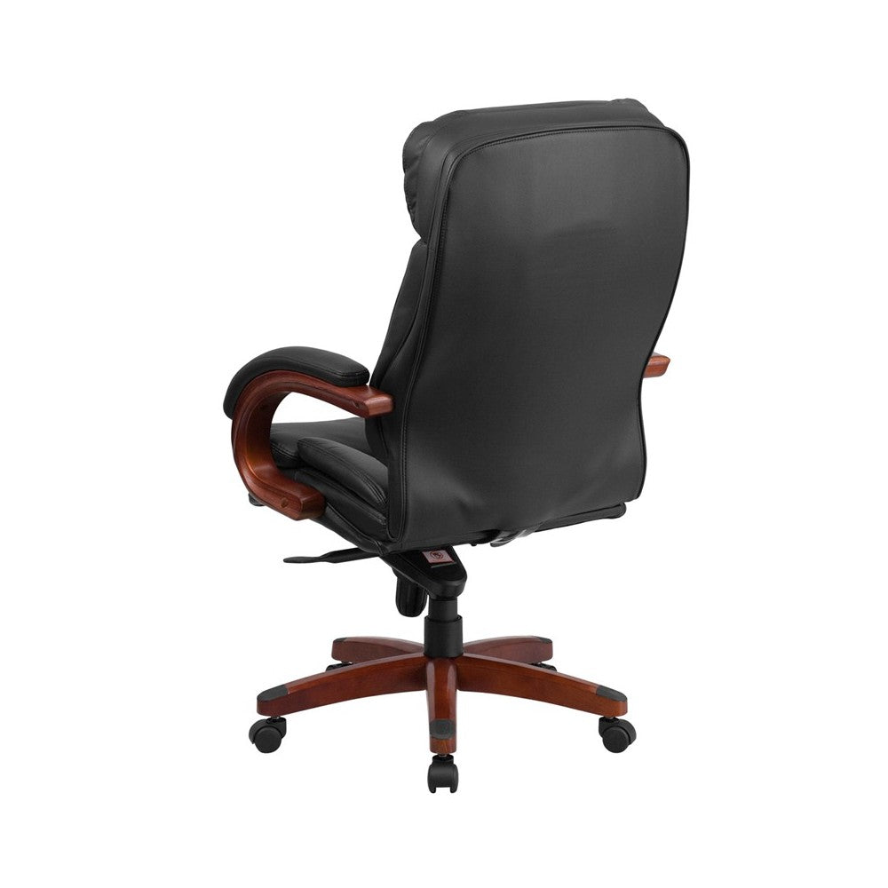 High Back Black LeatherSoft Executive Ergonomic Office Chair with Synchro-Tilt Mechanism, Mahogany Wood Base and Arms