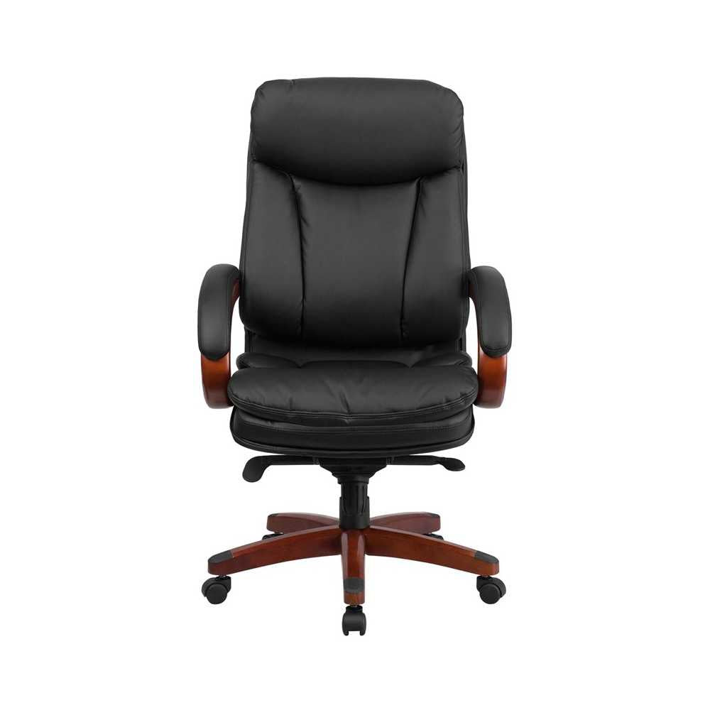High Back Black LeatherSoft Executive Ergonomic Office Chair with Synchro-Tilt Mechanism, Mahogany Wood Base and Arms