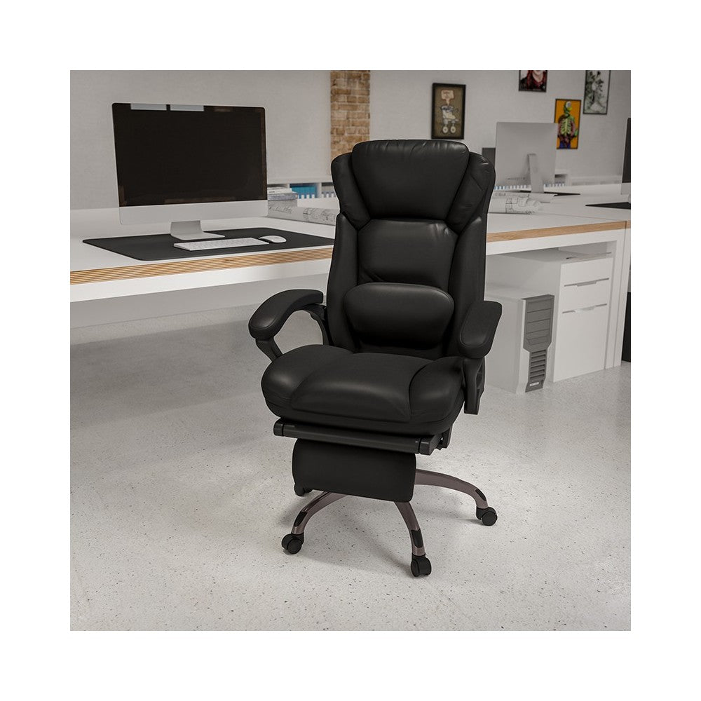 High Back Black LeatherSoft Executive Reclining Ergonomic Swivel Office Chair with Outer Lumbar Cushion and Arms