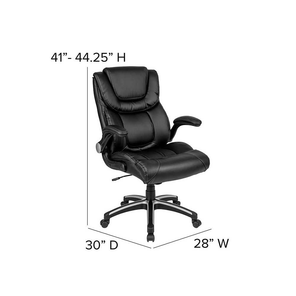 High Back Black LeatherSoft Executive Swivel Office Chair with Double Layered Headrest and Open Arms