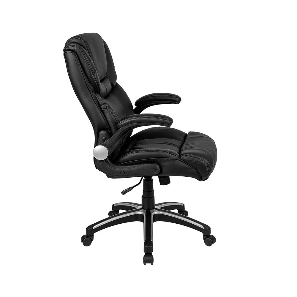 High Back Black LeatherSoft Executive Swivel Office Chair with Double Layered Headrest and Open Arms