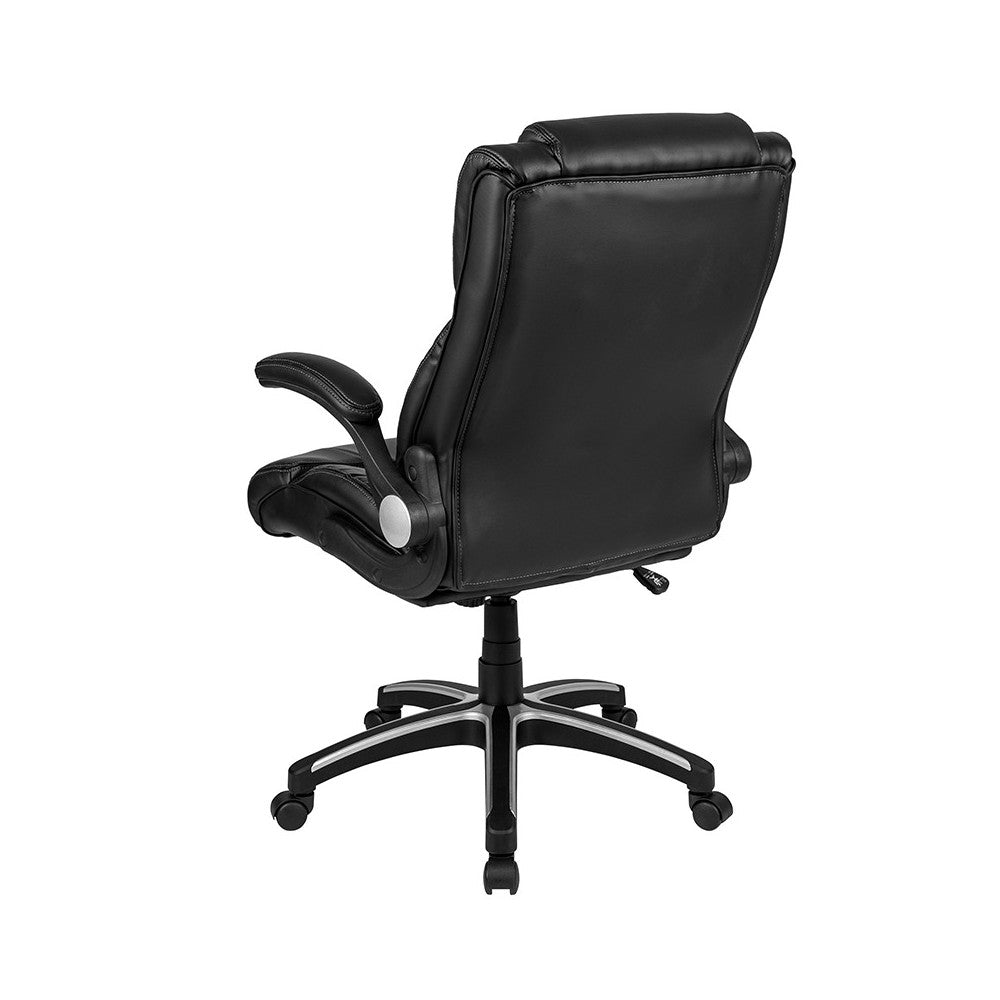 High Back Black LeatherSoft Executive Swivel Office Chair with Double Layered Headrest and Open Arms