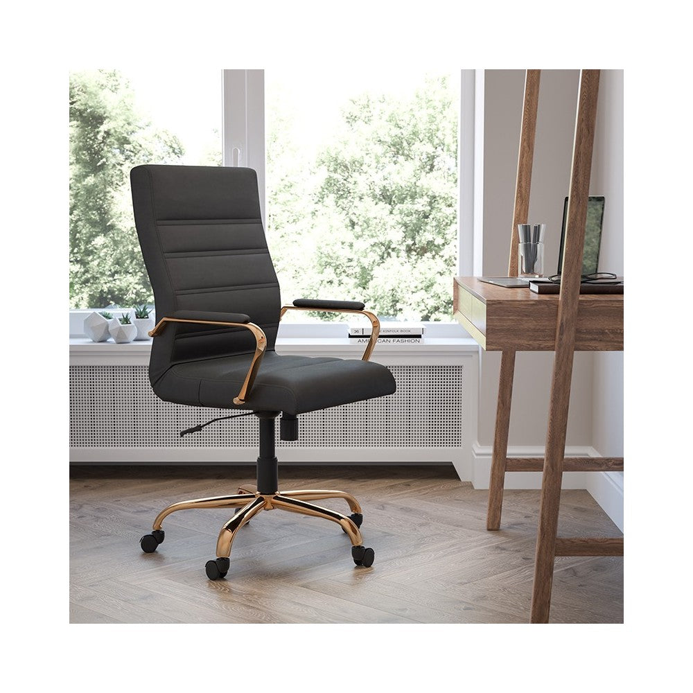 High Back Black LeatherSoft Executive Swivel Office Chair with Gold Frame and Arms