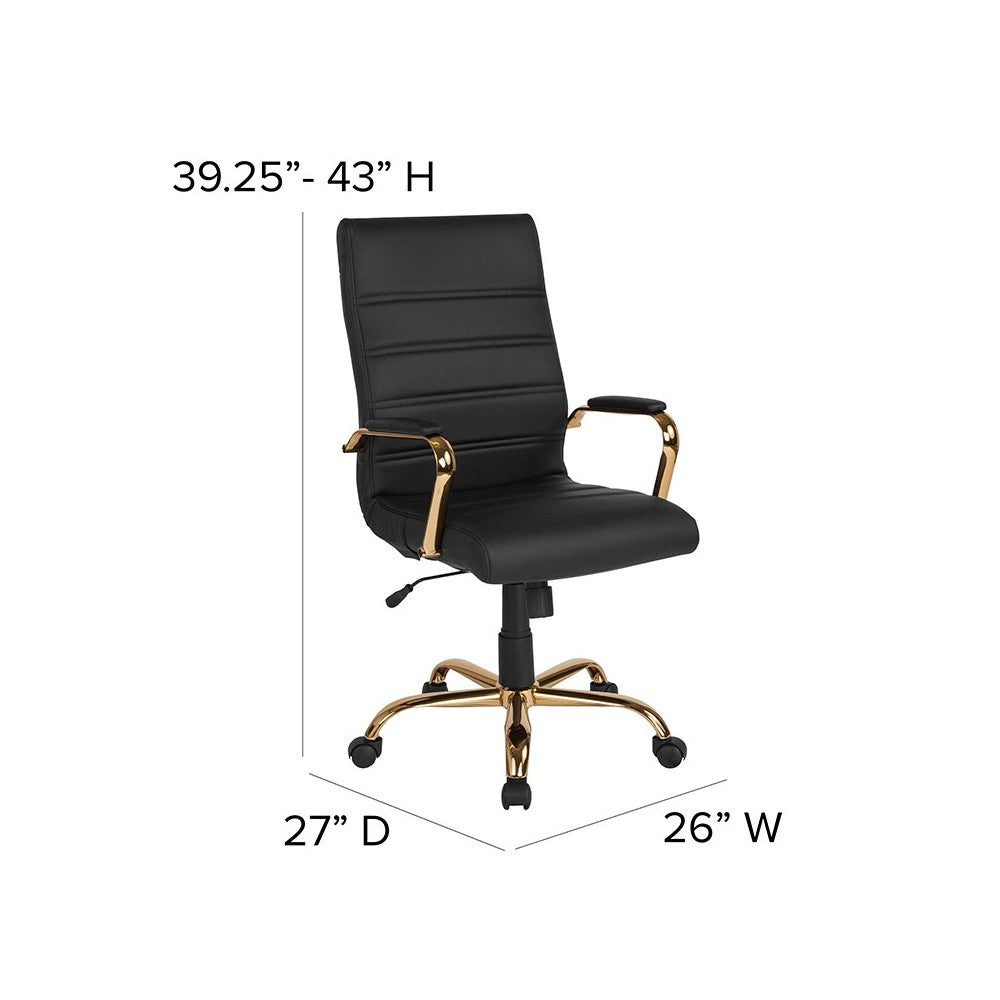 High Back Black LeatherSoft Executive Swivel Office Chair with Gold Frame and Arms