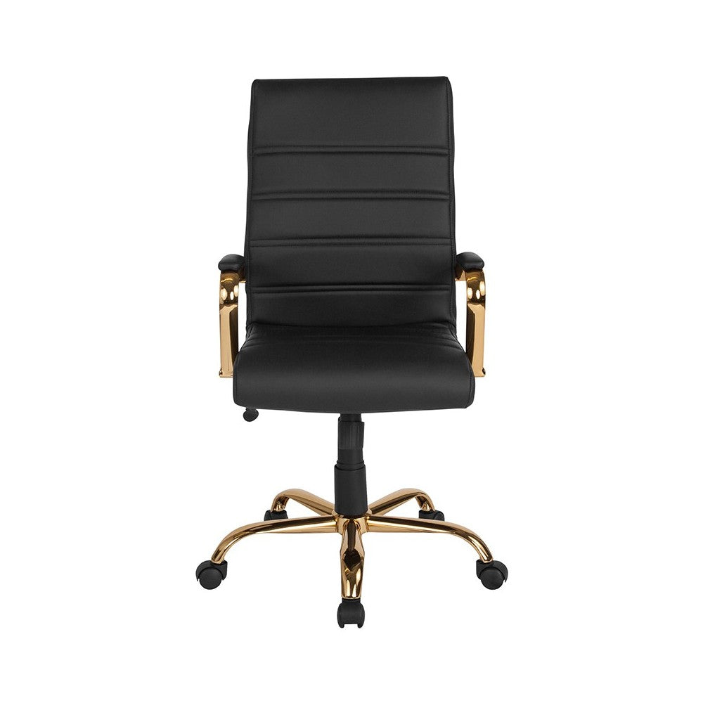High Back Black LeatherSoft Executive Swivel Office Chair with Gold Frame and Arms