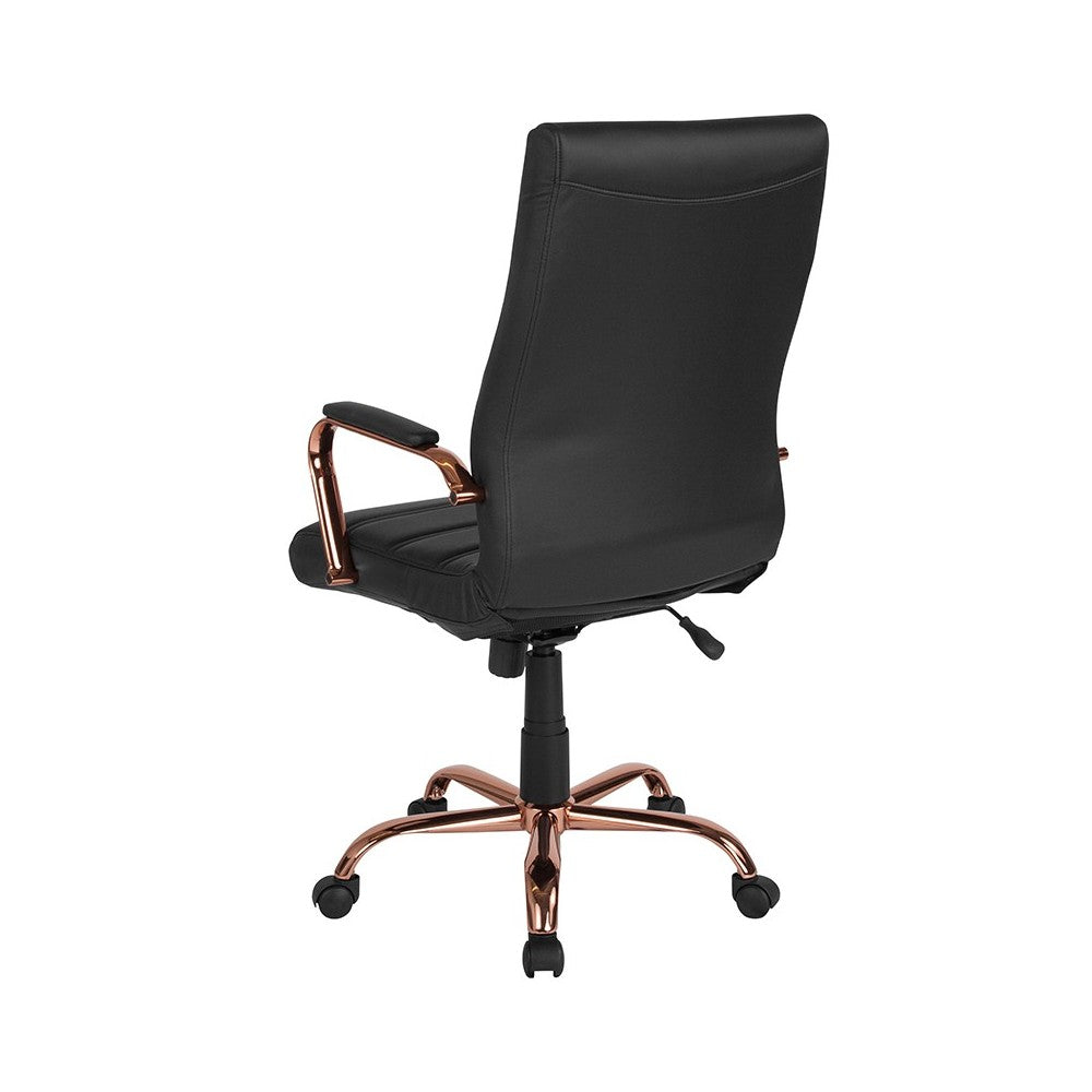 High Back Black LeatherSoft Executive Swivel Office Chair with Rose Gold Frame and Arms
