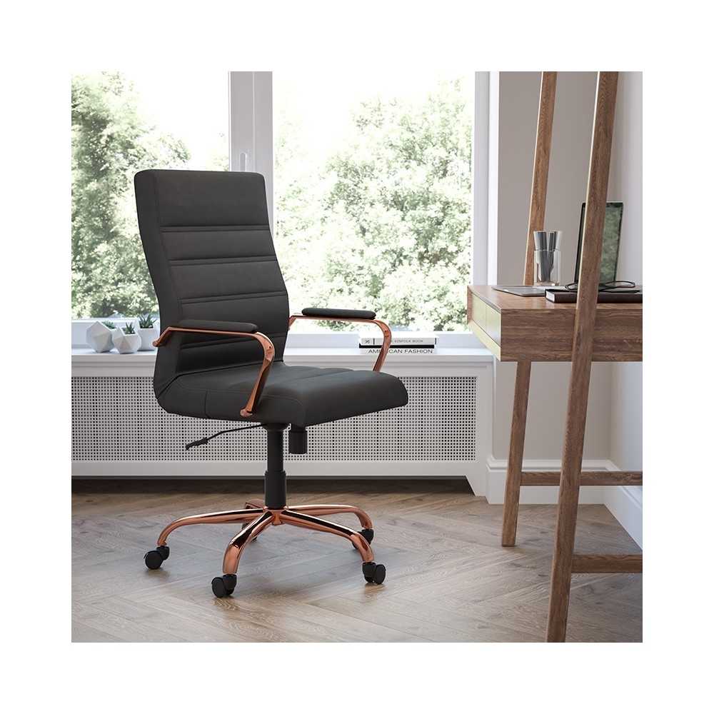 High Back Black LeatherSoft Executive Swivel Office Chair with Rose Gold Frame and Arms