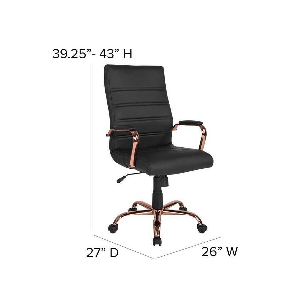 High Back Black LeatherSoft Executive Swivel Office Chair with Rose Gold Frame and Arms