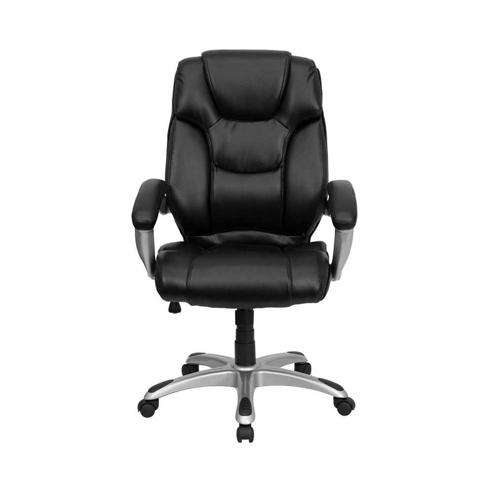 High Back Black LeatherSoft Layered Upholstered Executive Swivel Ergonomic Office Chair with Silver Nylon Base and Arms