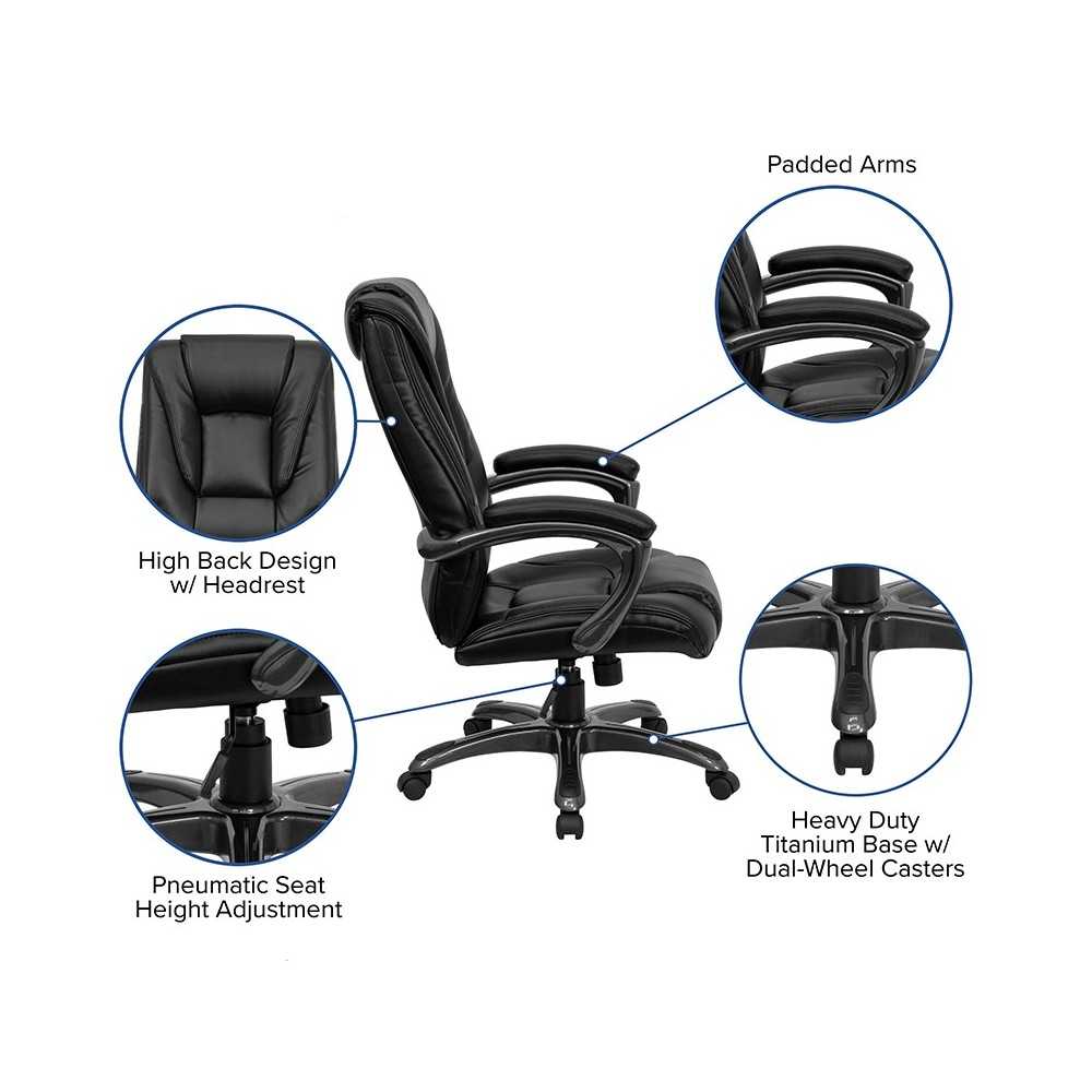 High Back Black LeatherSoft Layered Upholstered Executive Swivel Ergonomic Office Chair with Smoke Metal Base and Arms