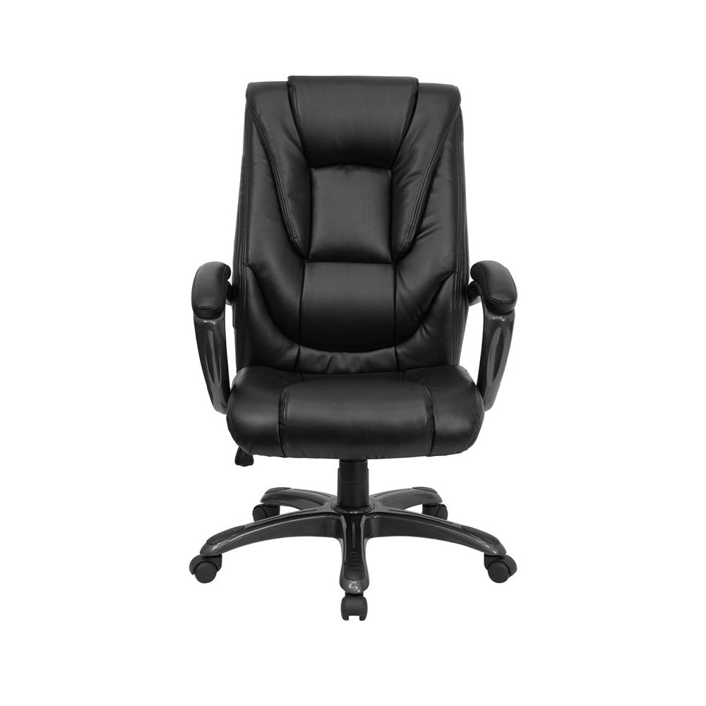High Back Black LeatherSoft Layered Upholstered Executive Swivel Ergonomic Office Chair with Smoke Metal Base and Arms