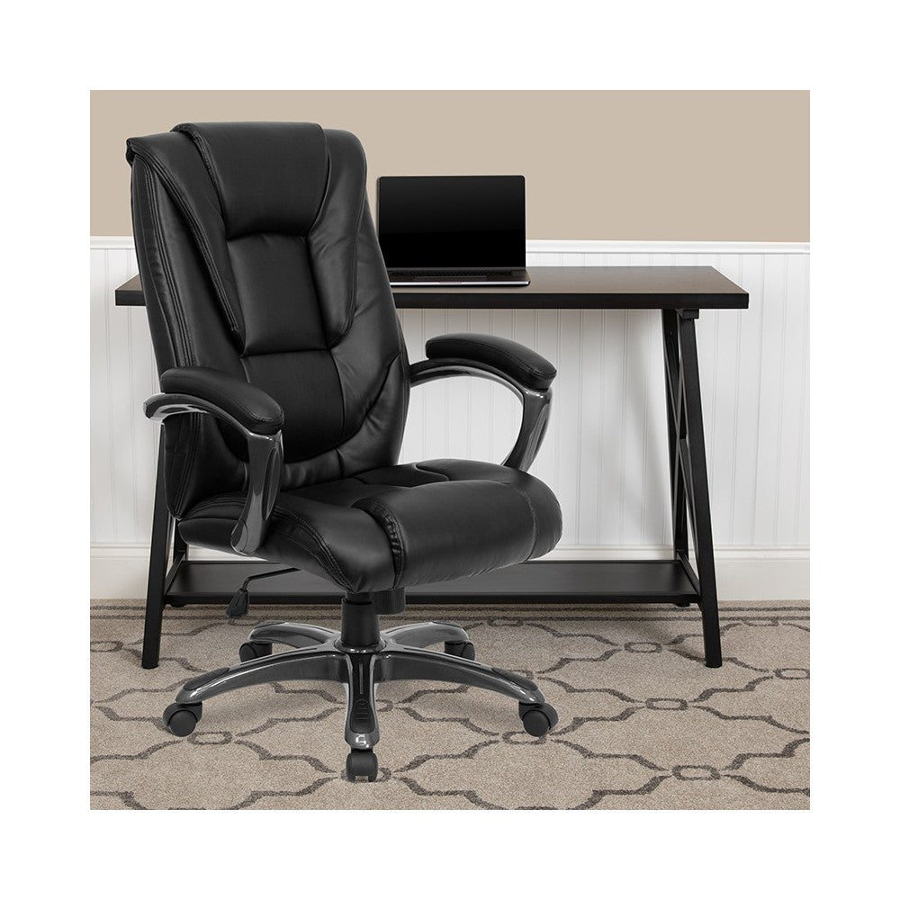 High Back Black LeatherSoft Layered Upholstered Executive Swivel Ergonomic Office Chair with Smoke Metal Base and Arms