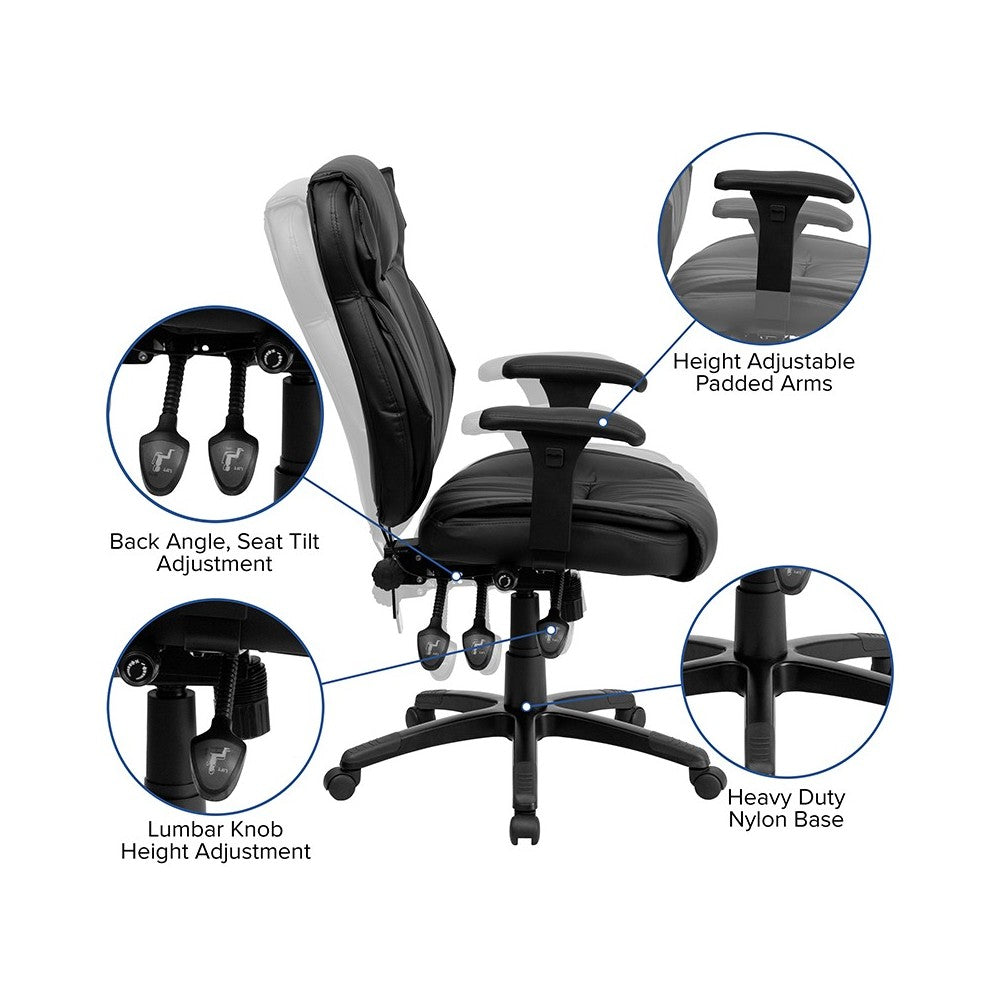 High Back Black LeatherSoft Multifunction Executive Swivel Ergonomic Office Chair with Lumbar Support Knob with Arms