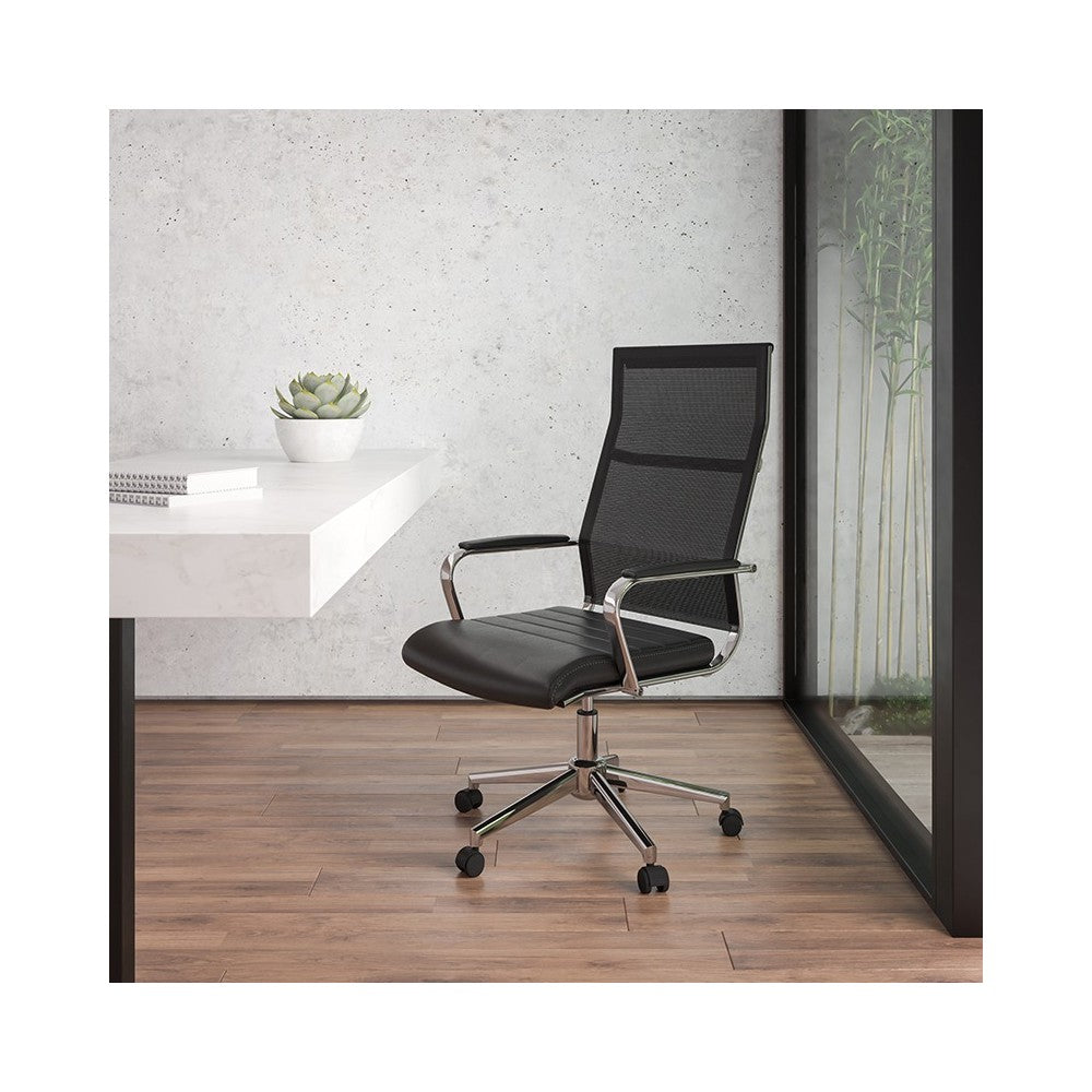 High Back Black Mesh Contemporary Executive Swivel Office Chair with LeatherSoft Seat