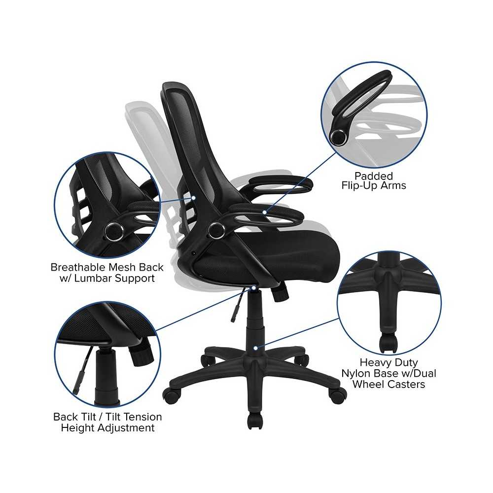 High Back Black Mesh Ergonomic Swivel Office Chair with Black Frame and Flip-up Arms
