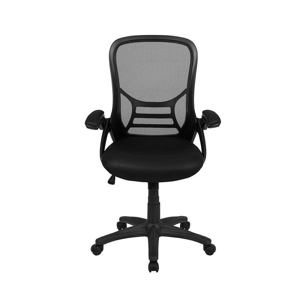 High Back Black Mesh Ergonomic Swivel Office Chair with Black Frame and Flip-up Arms