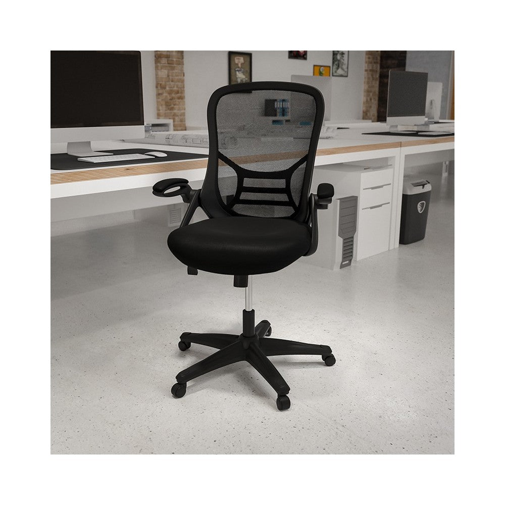 High Back Black Mesh Ergonomic Swivel Office Chair with Black Frame and Flip-up Arms