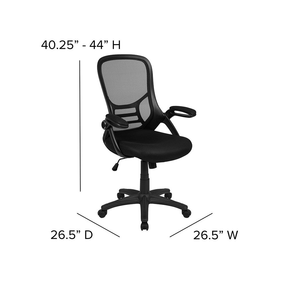 High Back Black Mesh Ergonomic Swivel Office Chair with Black Frame and Flip-up Arms