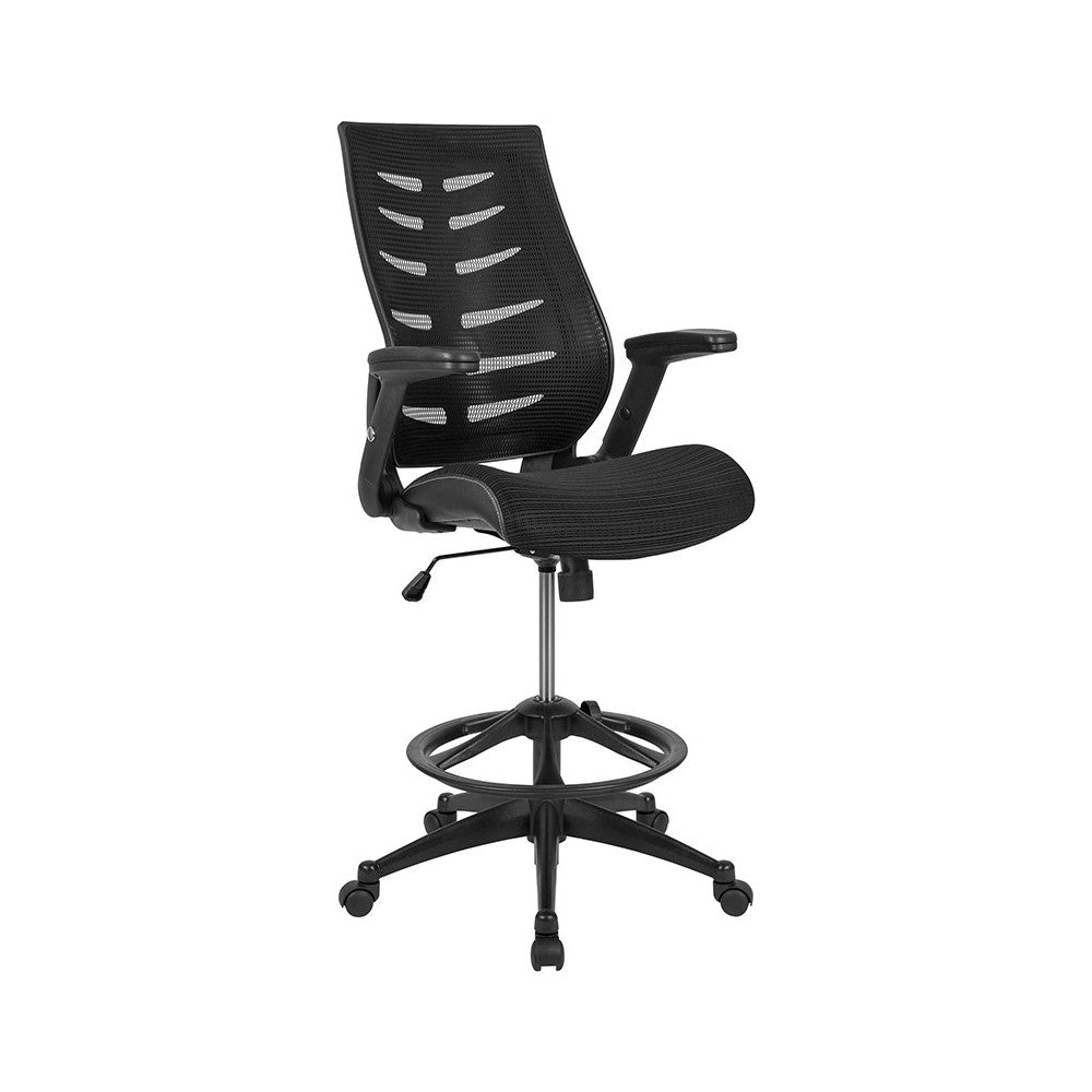 High Back Black Mesh Spine-Back Ergonomic Drafting Chair with Adjustable Foot Ring and Adjustable Flip-Up Arms