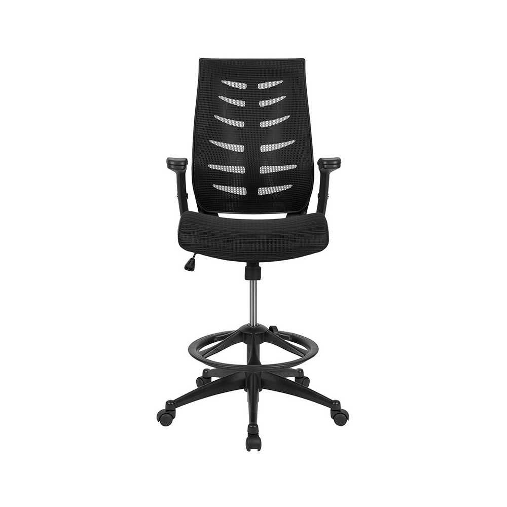 High Back Black Mesh Spine-Back Ergonomic Drafting Chair with Adjustable Foot Ring and Adjustable Flip-Up Arms