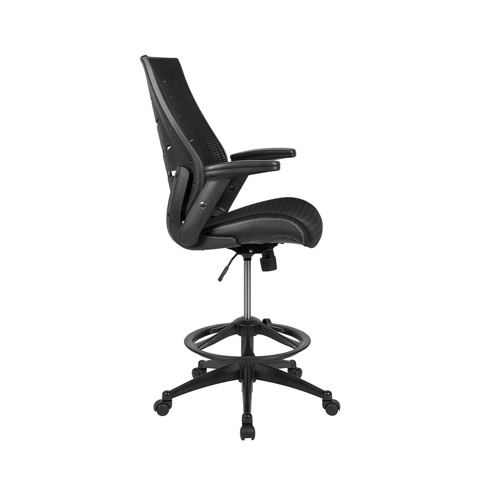 High Back Black Mesh Spine-Back Ergonomic Drafting Chair with Adjustable Foot Ring and Adjustable Flip-Up Arms