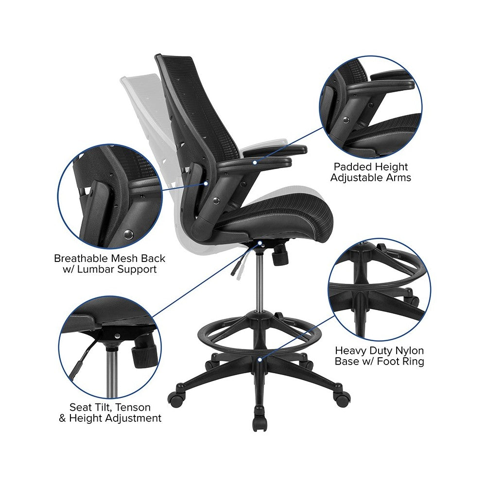 High Back Black Mesh Spine-Back Ergonomic Drafting Chair with Adjustable Foot Ring and Adjustable Flip-Up Arms