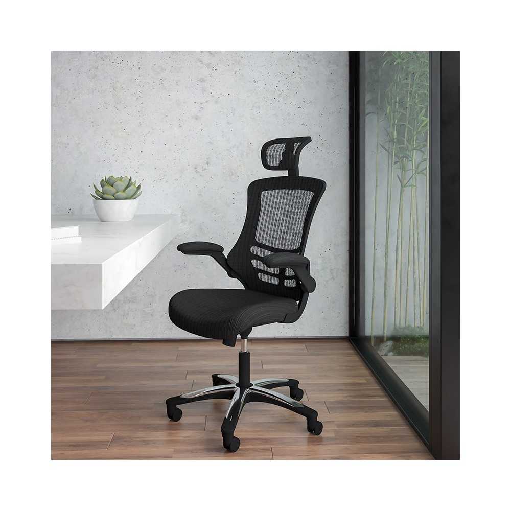 High-Back Black Mesh Swivel Ergonomic Executive Office Chair with Flip-Up Arms and Adjustable Headrest, BIFMA Certified