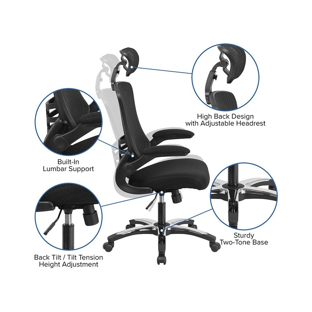High-Back Black Mesh Swivel Ergonomic Executive Office Chair with Flip-Up Arms and Adjustable Headrest, BIFMA Certified
