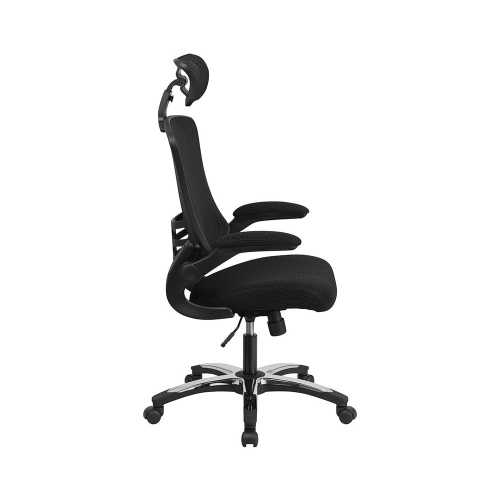 High-Back Black Mesh Swivel Ergonomic Executive Office Chair with Flip-Up Arms and Adjustable Headrest, BIFMA Certified