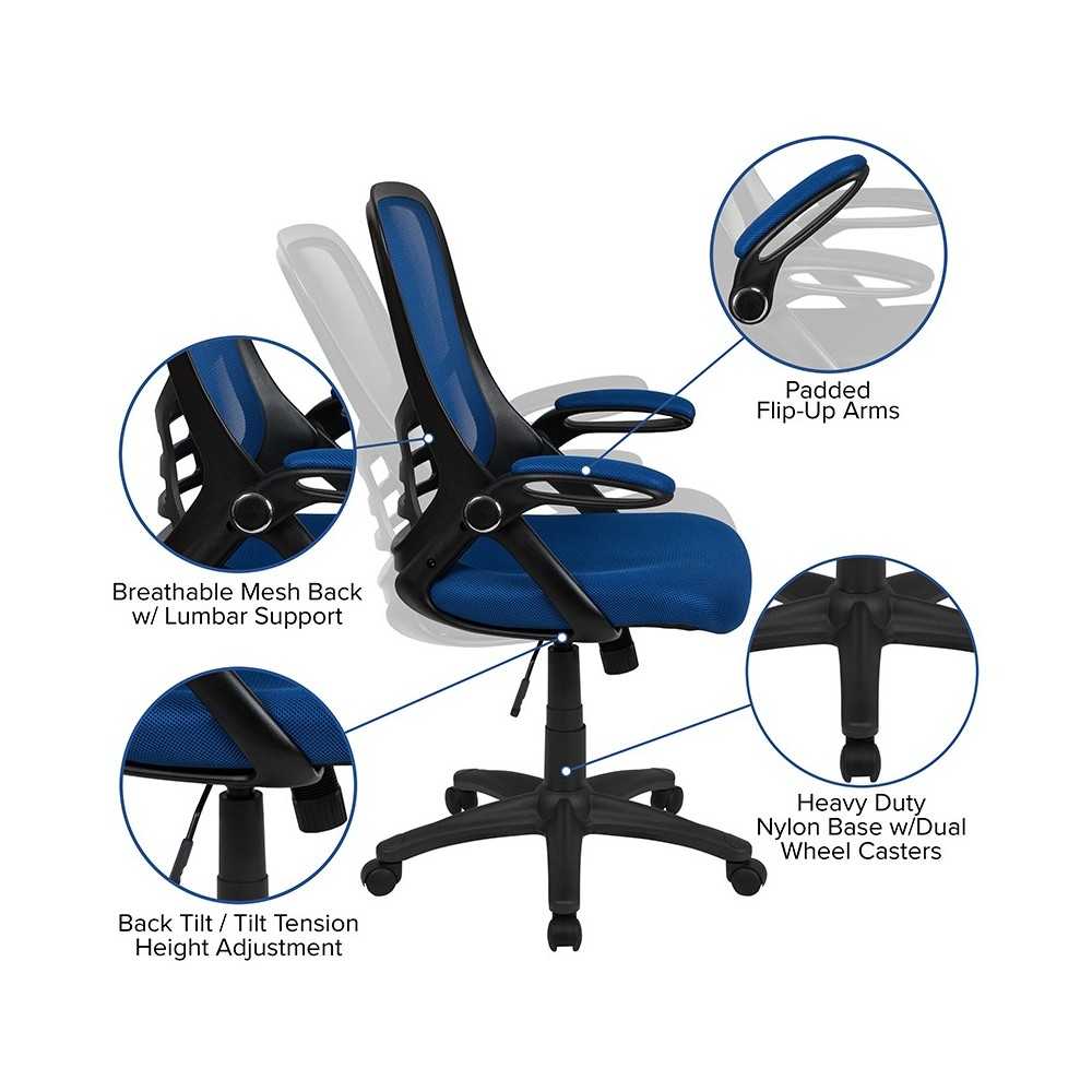 High Back Blue Mesh Ergonomic Swivel Office Chair with Black Frame and Flip-up Arms