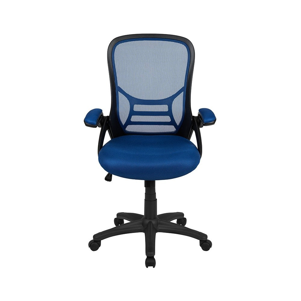 High Back Blue Mesh Ergonomic Swivel Office Chair with Black Frame and Flip-up Arms