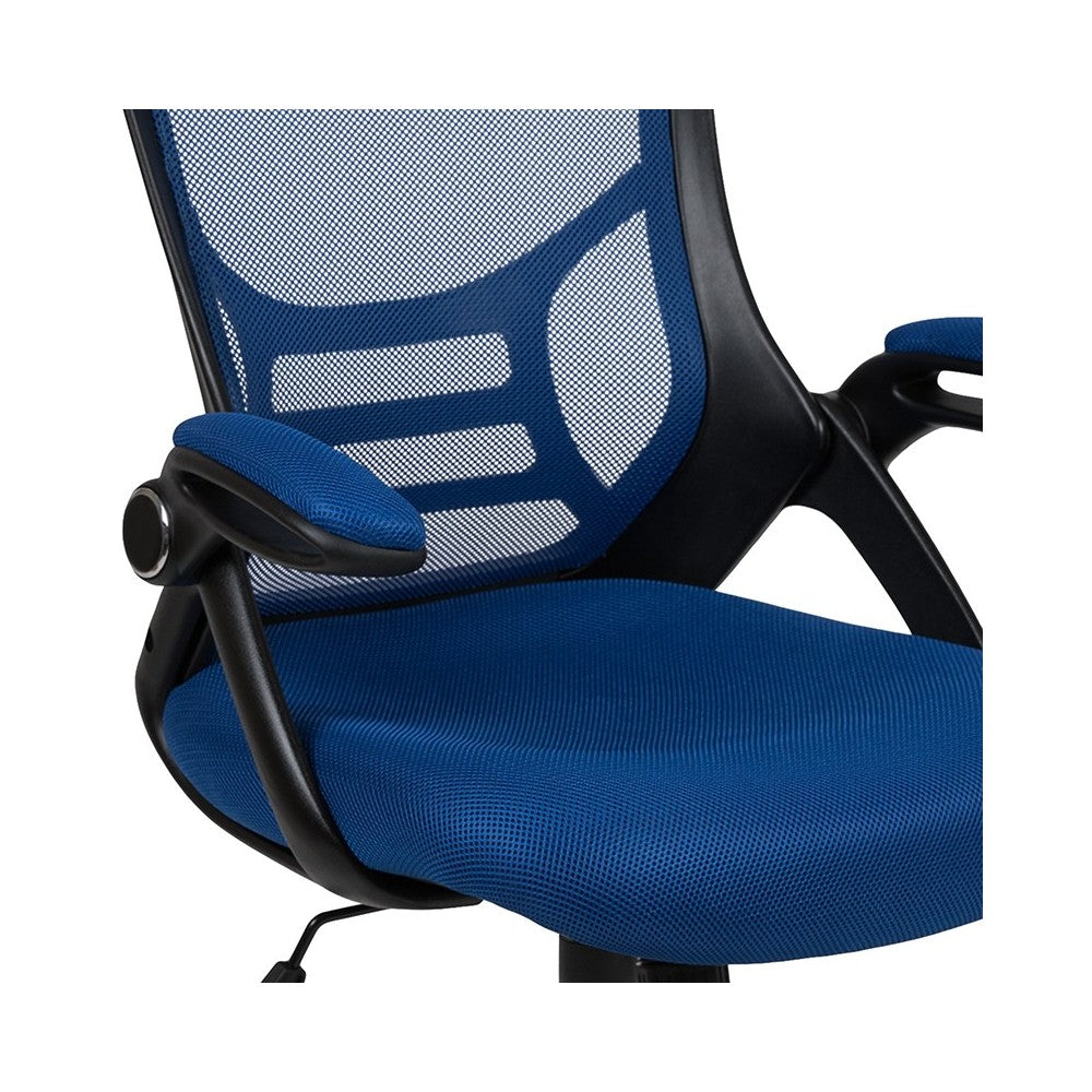 High Back Blue Mesh Ergonomic Swivel Office Chair with Black Frame and Flip-up Arms