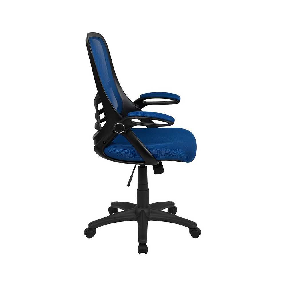 High Back Blue Mesh Ergonomic Swivel Office Chair with Black Frame and Flip-up Arms