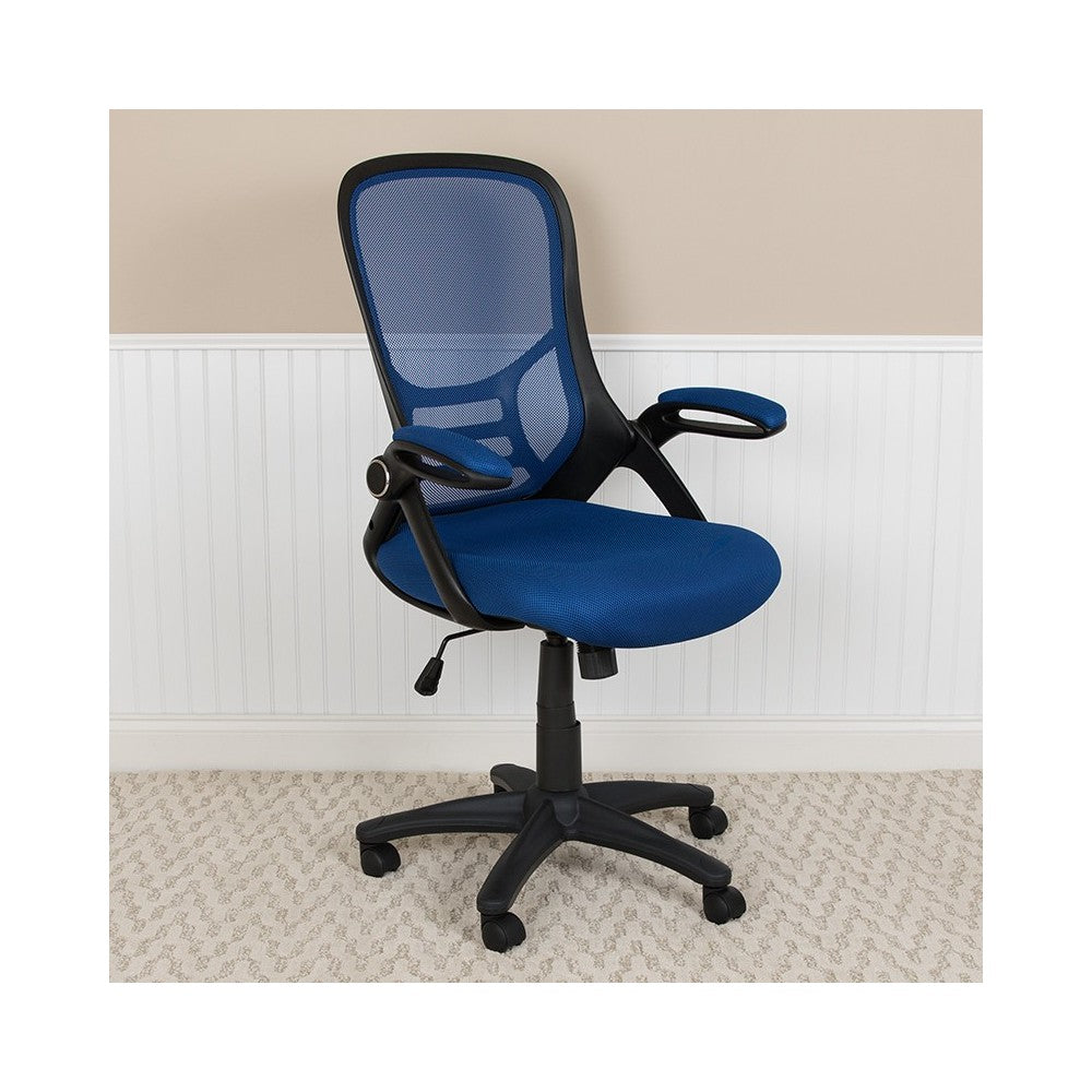 High Back Blue Mesh Ergonomic Swivel Office Chair with Black Frame and Flip-up Arms
