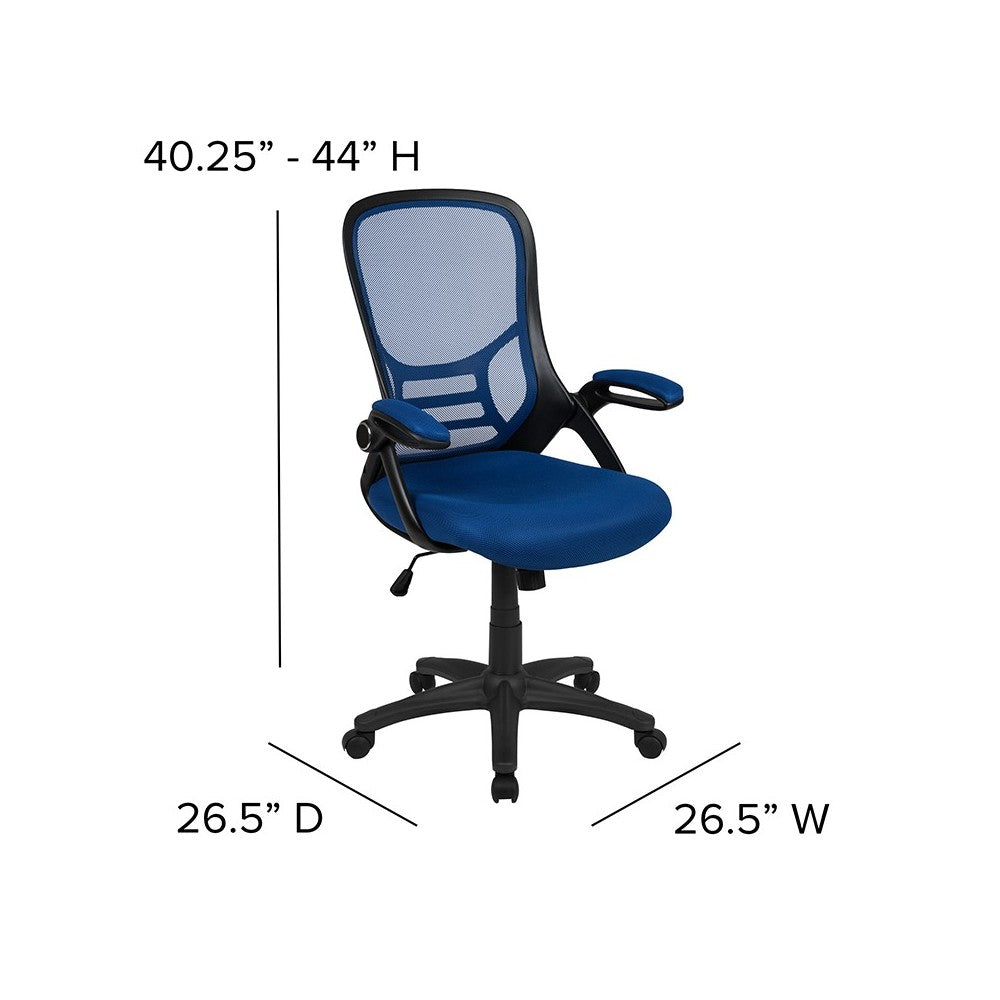 High Back Blue Mesh Ergonomic Swivel Office Chair with Black Frame and Flip-up Arms