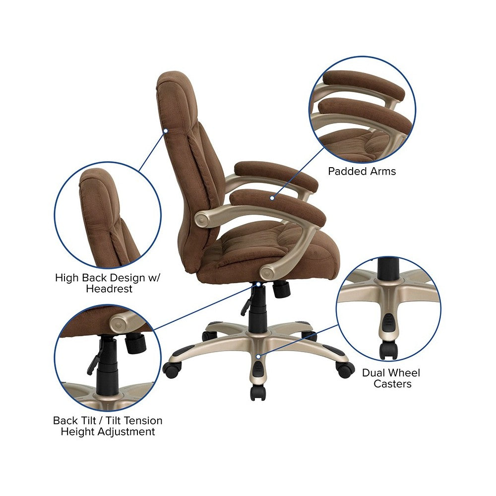 High Back Brown Microfiber Contemporary Executive Swivel Ergonomic Office Chair with Arms