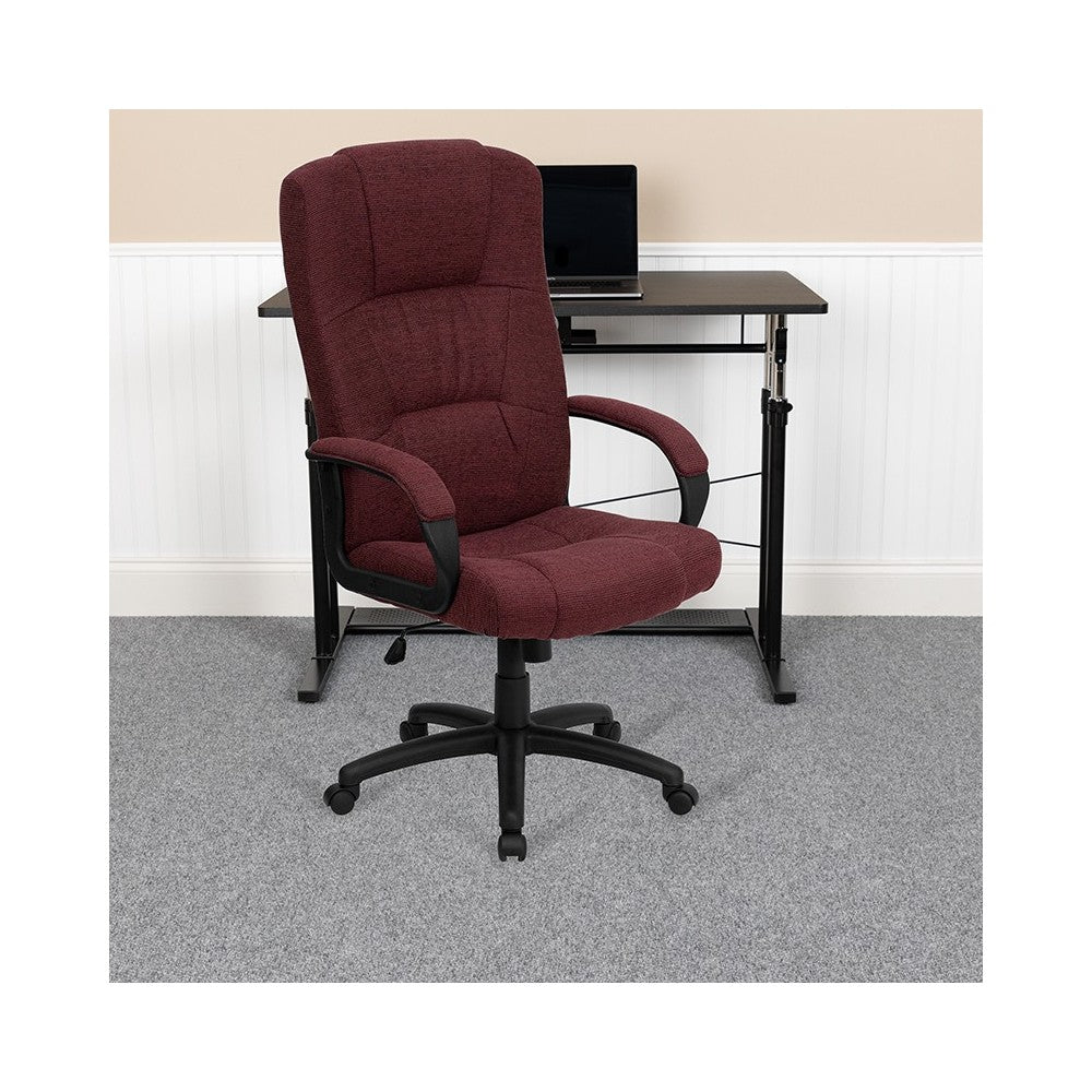 High Back Burgundy Fabric Executive Swivel Office Chair with Arms