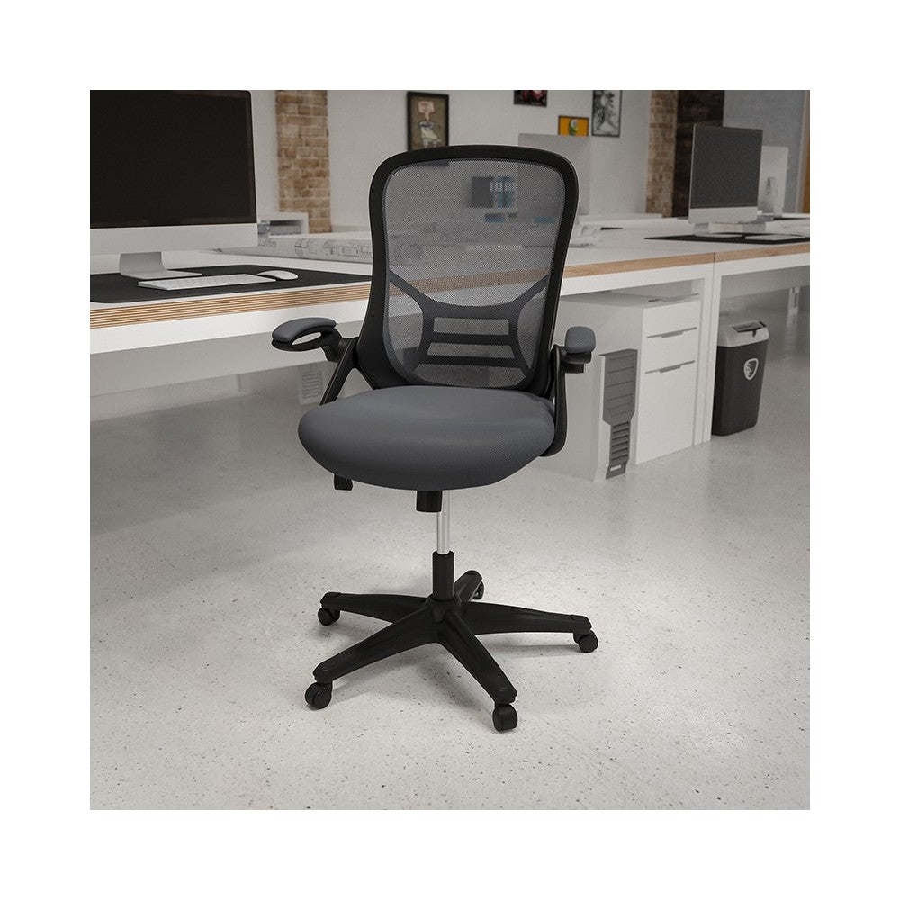 High Back Dark Gray Mesh Ergonomic Swivel Office Chair with Black Frame and Flip-up Arms