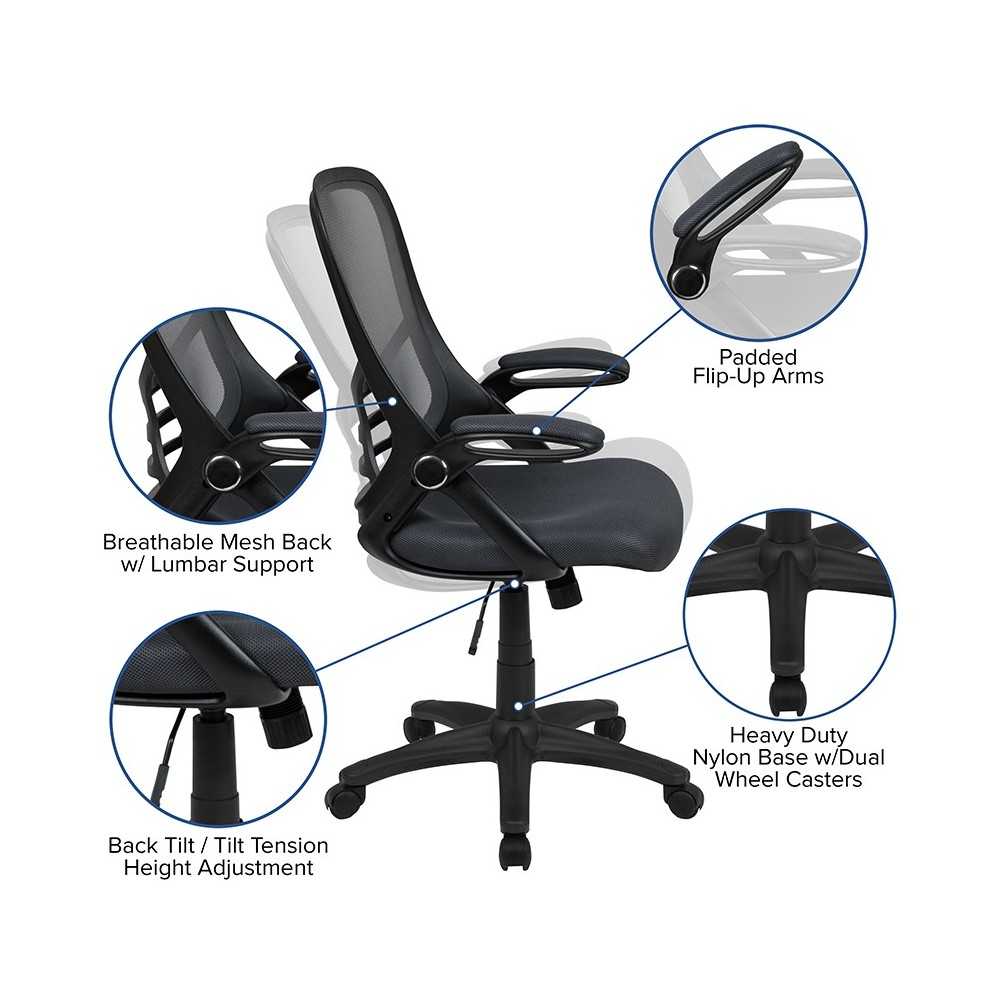 High Back Dark Gray Mesh Ergonomic Swivel Office Chair with Black Frame and Flip-up Arms