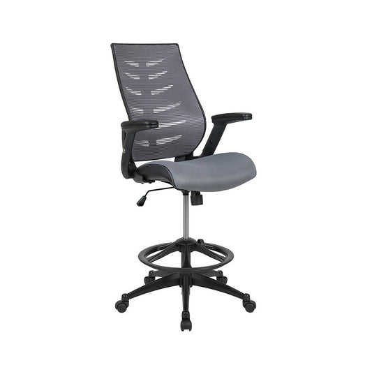 High Back Dark Gray Mesh Spine-Back Ergonomic Drafting Chair with Adjustable Foot Ring and Adjustable Flip-Up Arms