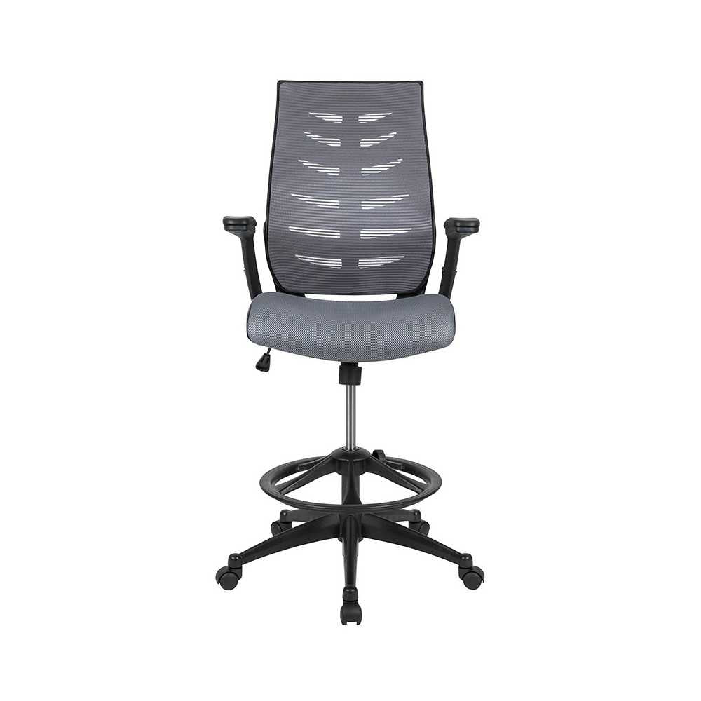 High Back Dark Gray Mesh Spine-Back Ergonomic Drafting Chair with Adjustable Foot Ring and Adjustable Flip-Up Arms