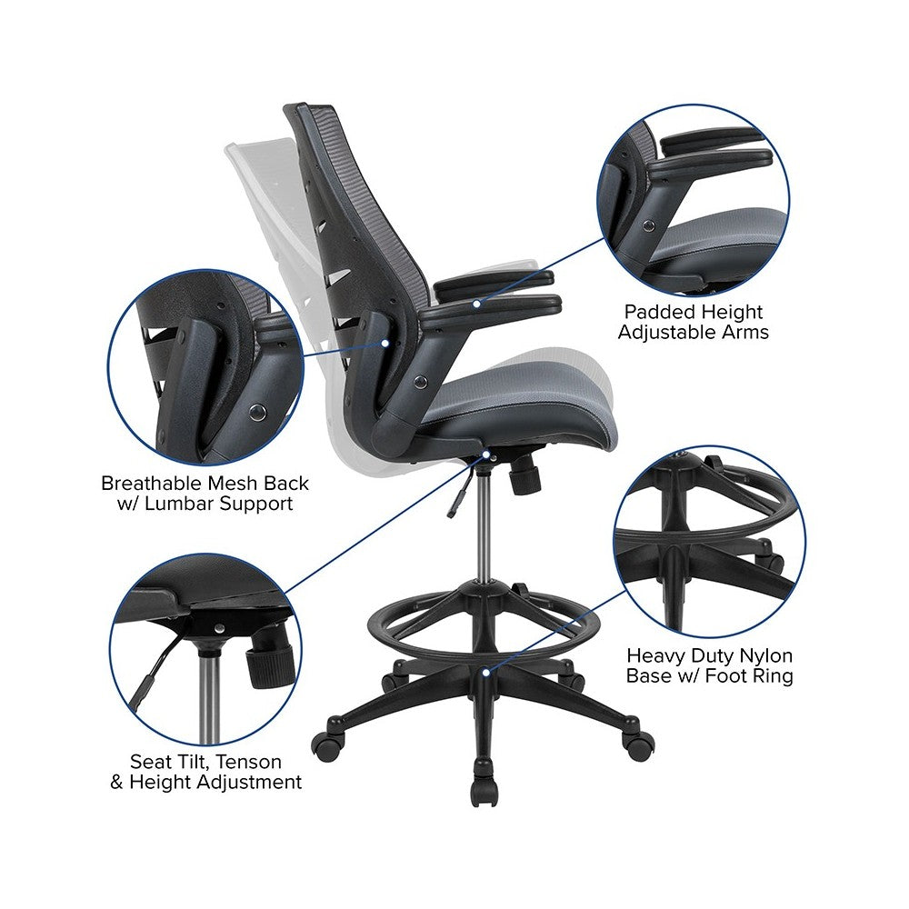 High Back Dark Gray Mesh Spine-Back Ergonomic Drafting Chair with Adjustable Foot Ring and Adjustable Flip-Up Arms