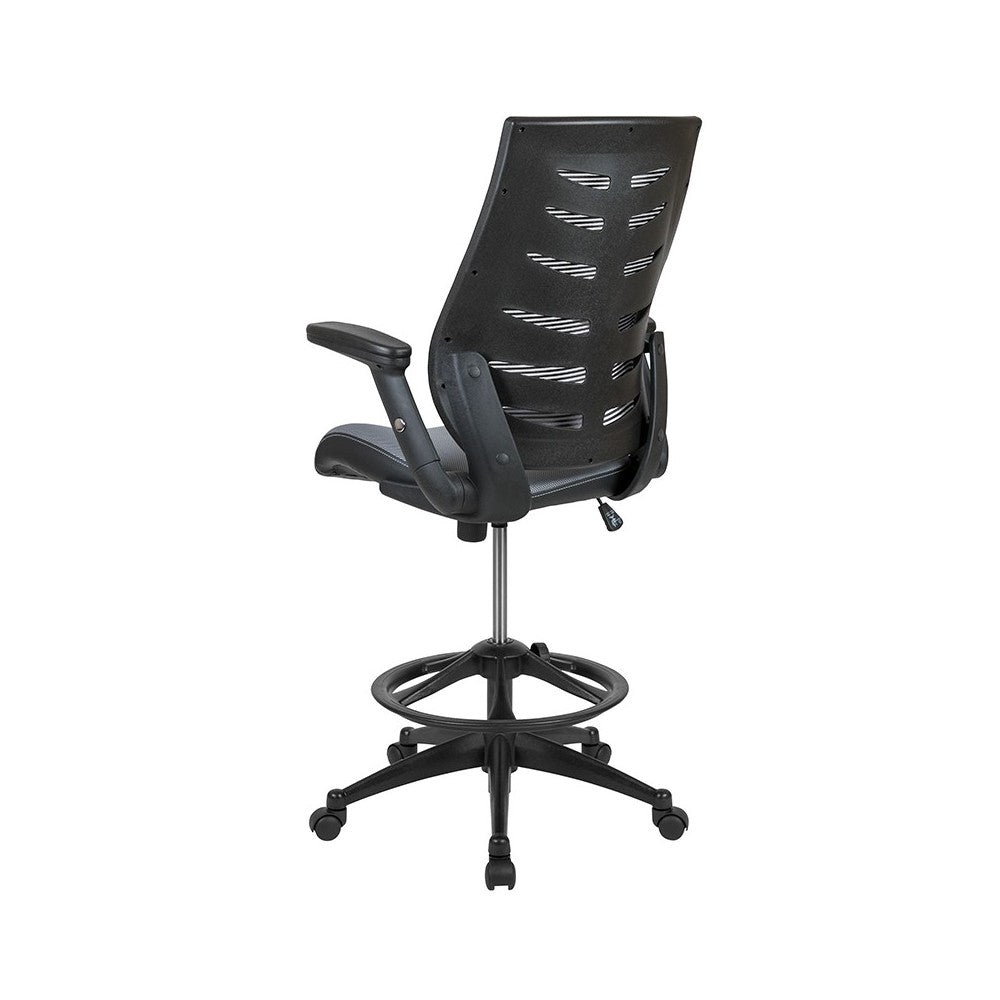 High Back Dark Gray Mesh Spine-Back Ergonomic Drafting Chair with Adjustable Foot Ring and Adjustable Flip-Up Arms
