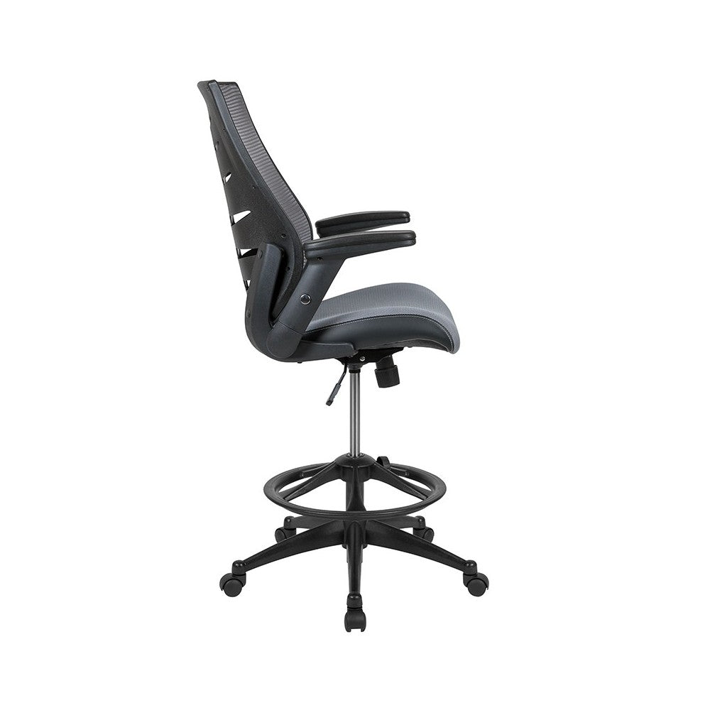 High Back Dark Gray Mesh Spine-Back Ergonomic Drafting Chair with Adjustable Foot Ring and Adjustable Flip-Up Arms